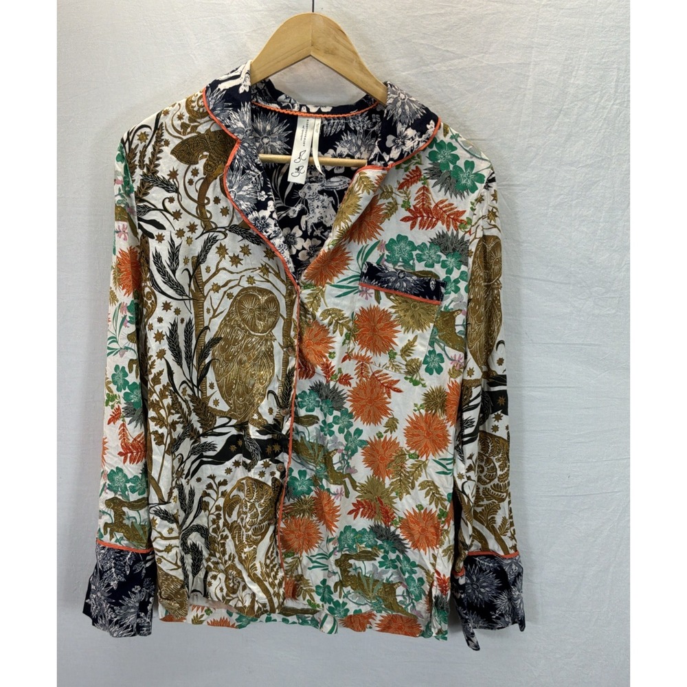 Anthropologie Cally Conway Woodland Fable Flannel Pajama Top Sz M Lounge Owl